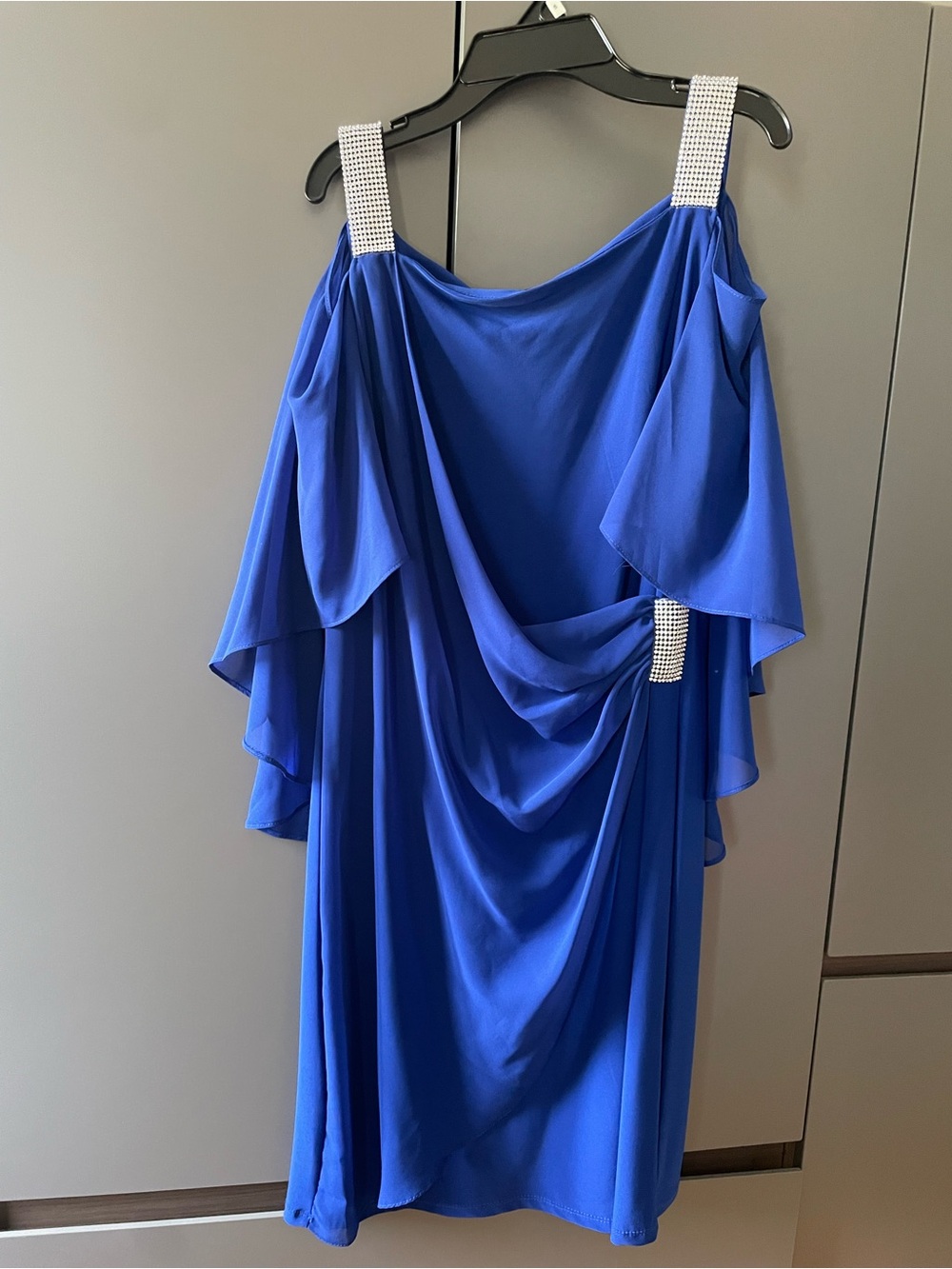 MSK Royal Blue One-Shoulder Draped Evening Dress with Crystal Straps